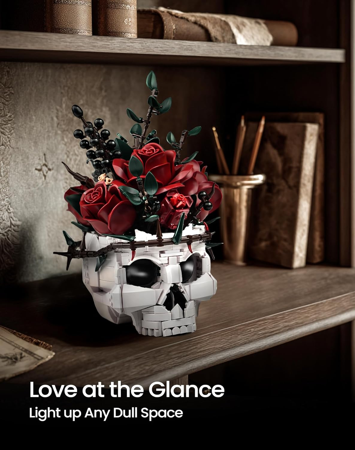 Skull Roses Flower Bouquet Building Set, Botanical Collection Kit for Adult Wome