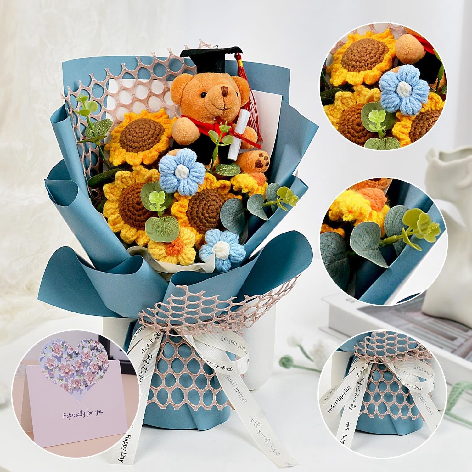 Graduation Gifts Crochet Flower Bouquet, Handmade Sunflower & Rose Bouquet6792
