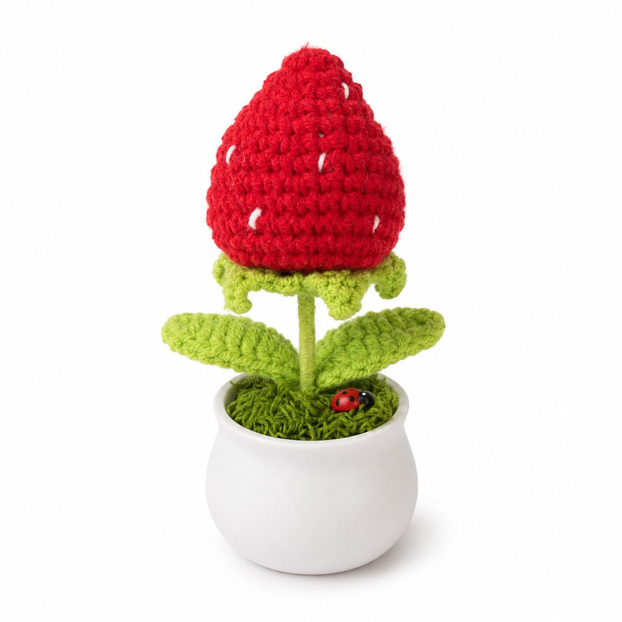 Red Strawberry Tulip Crochet Mini Potted Desk Shelf Decor Ladybug Detail