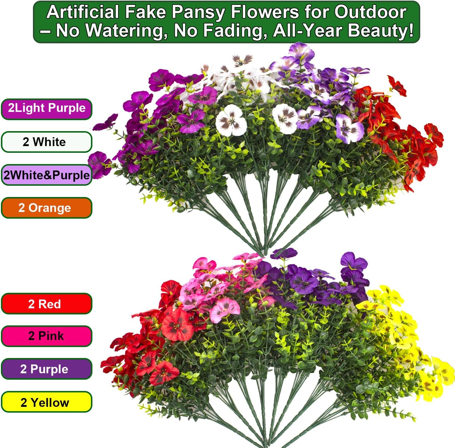 Grunyia 16 Bundles Artificial Pansy Flowers for Outdoor, UV Resistant Fake Silk