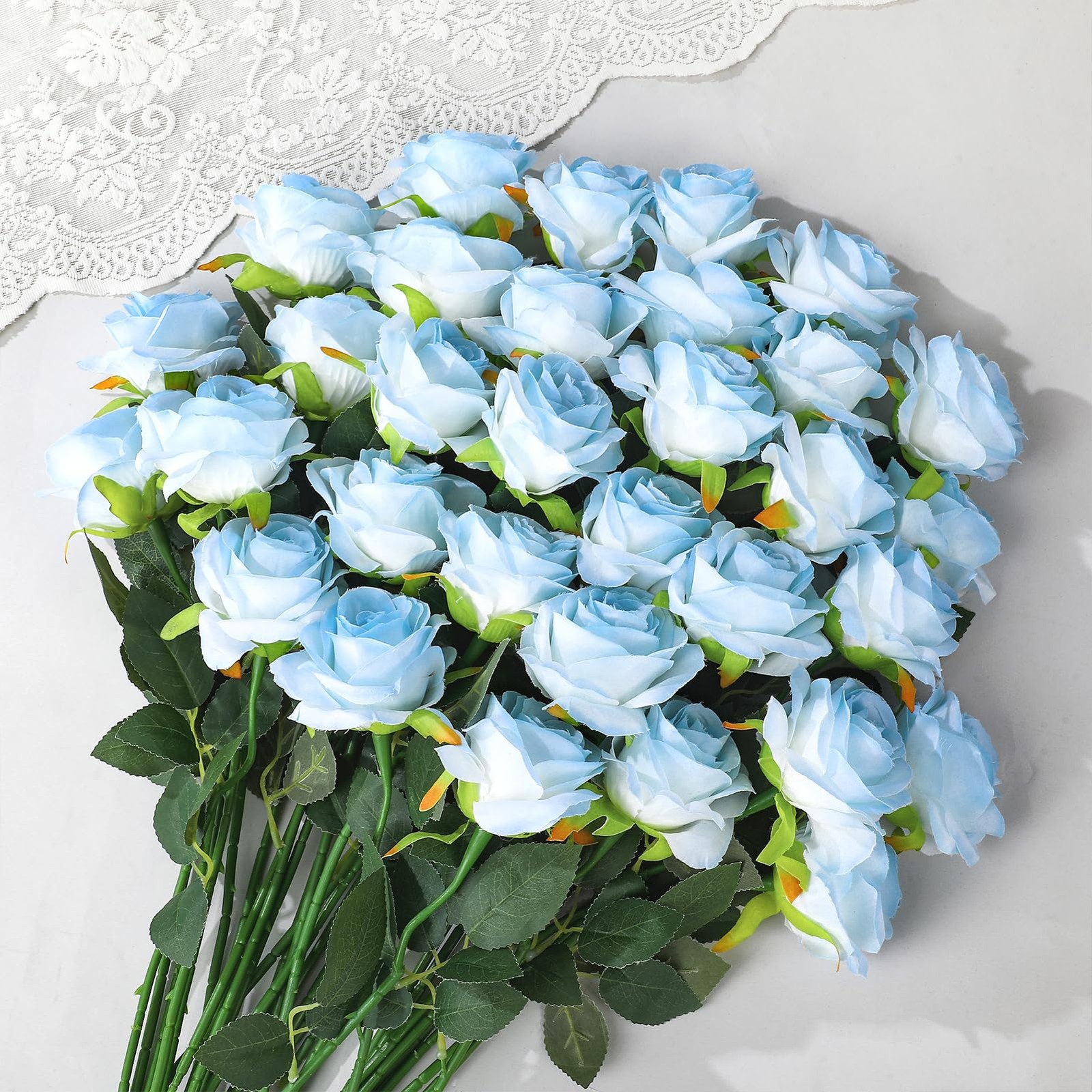 68 Pcs Ice Blue Artificial Roses Fake Flowers,Silk Flowers with Stems for DIY…