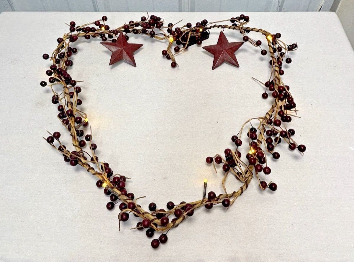 LED Lighted 5 Ft Burgundy Berry Garland with 2 Painted Stars