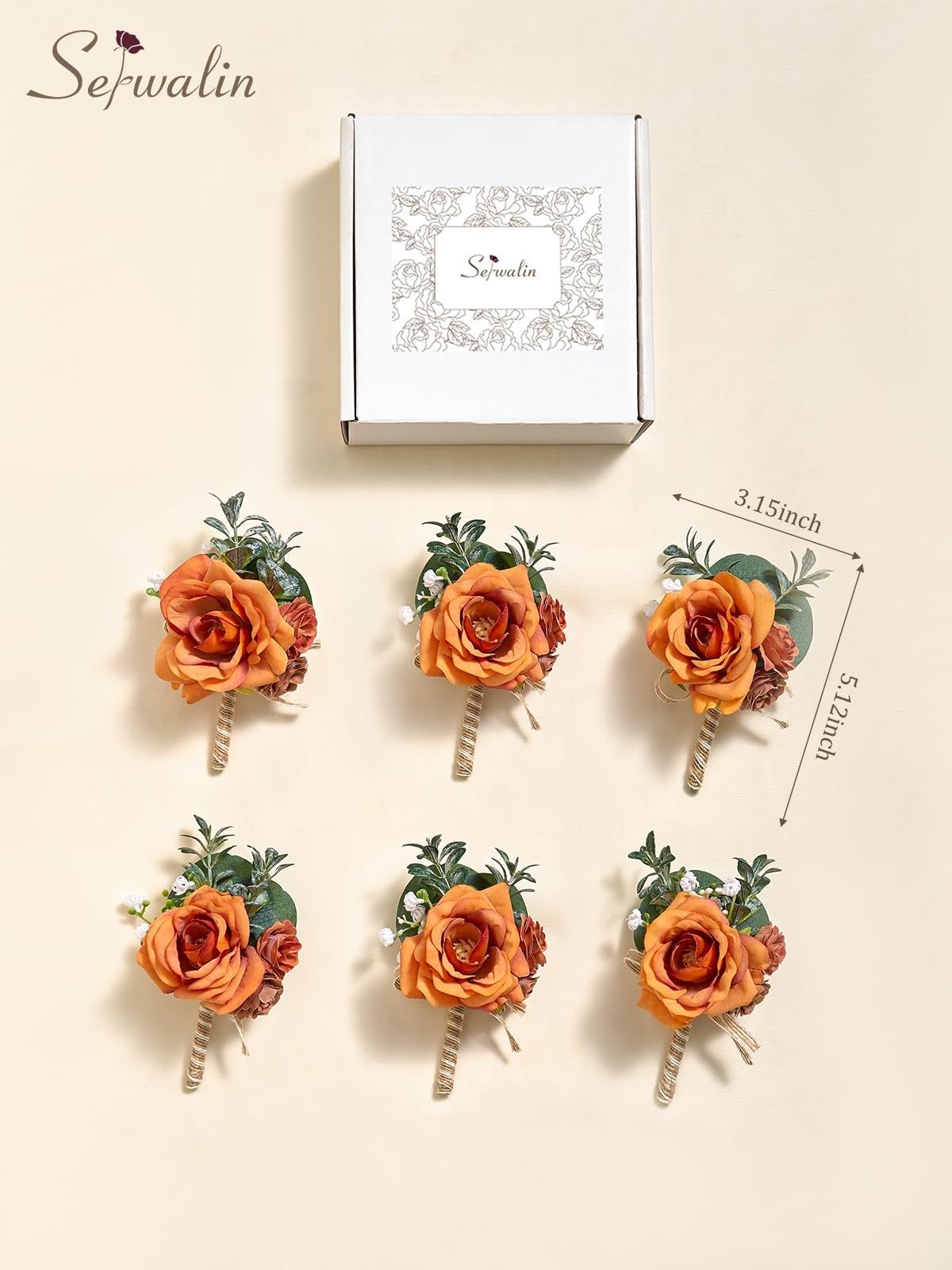6PCS Orange Rose Boutonniere for Men Wedding Groom Groomsmen Best Man Boutonn…