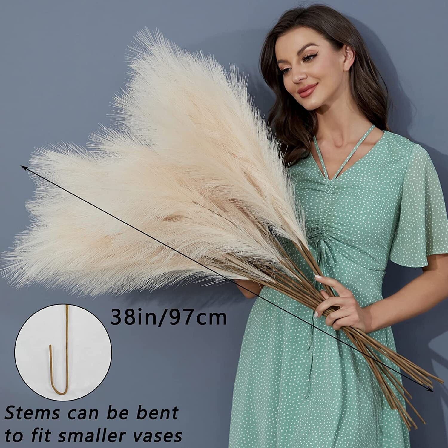8 PCS Faux Pompous Grass Decor 38″/3.1′ Tall Fake Floral Large Bouquet – Biege