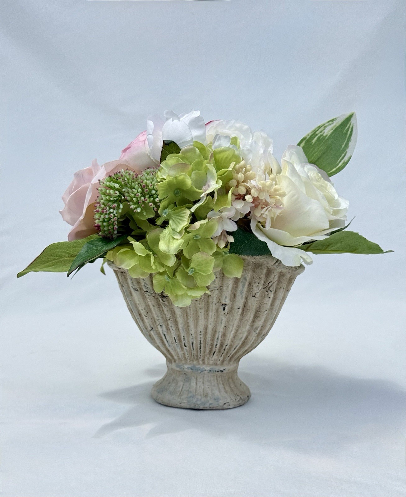 Faux Flower Arrangement in Fluted Urn Vase Cottage Decor