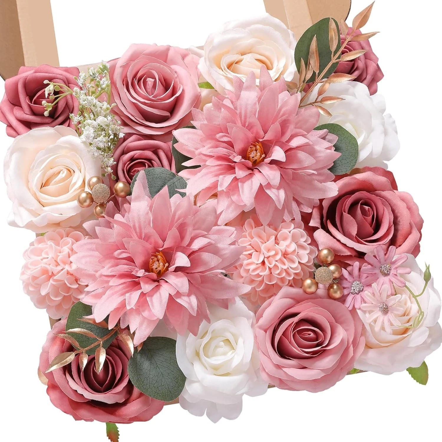 Luxury 2 Boxes Silk Pink Dahlia Roses Flowers For Wedding Bridal Bouquet