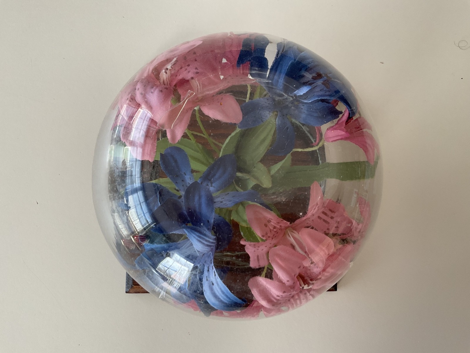 Faux Flowers Clear Dome Cover Wood Base Centerpiece Decor Blue/Pink Floral