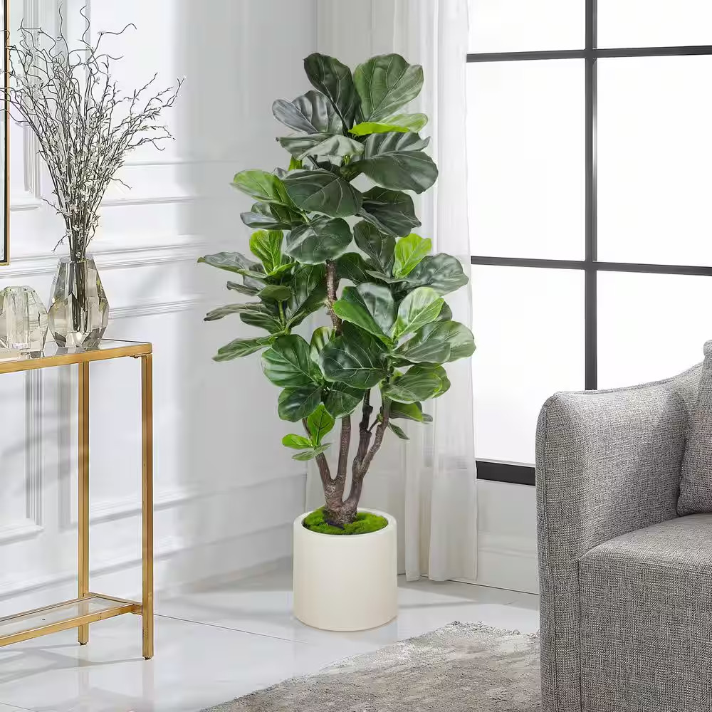 4.5 Ft. Artificial Fiddle Leaf Fig Tree in White Decor Pot, Faux Green Plant Ind