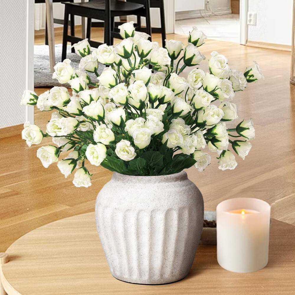 14 In. Cream White Artificial Mini Rose Bud Flower Stem Bush Bouquet (Set of 12)