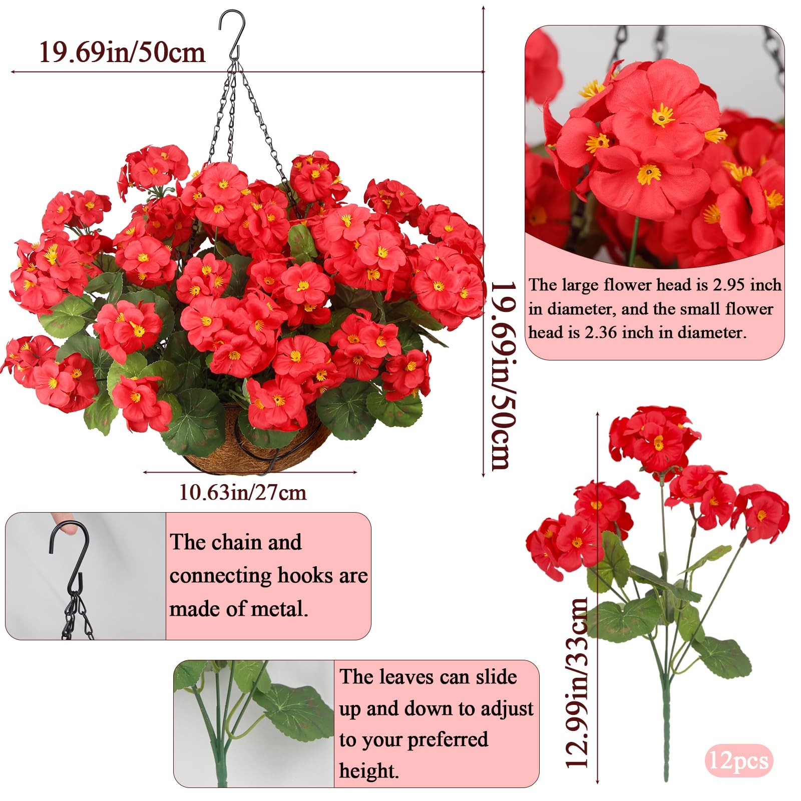 Artificial Flowers for Outdoors with Hanging Basket 12 Pcs Silk Red Geraniums…