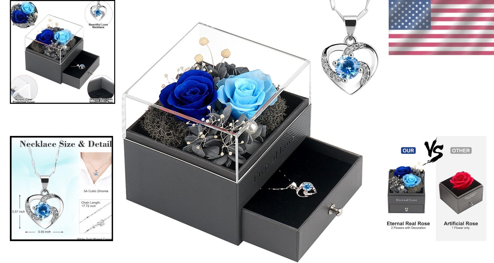 Handmade Preserved Rose Jewelry Box with Heart Necklace – Romantic Women’s Gift