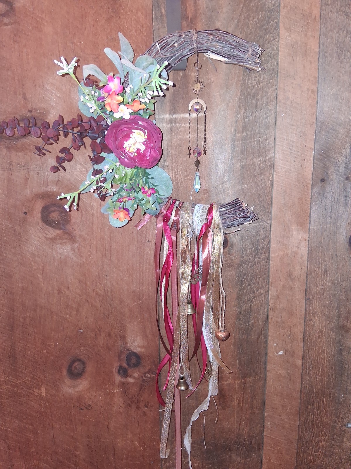 12″ Reiki Infused Crescent Moon Wreath Burgandy, Pinks, With Suncatcher, Bells