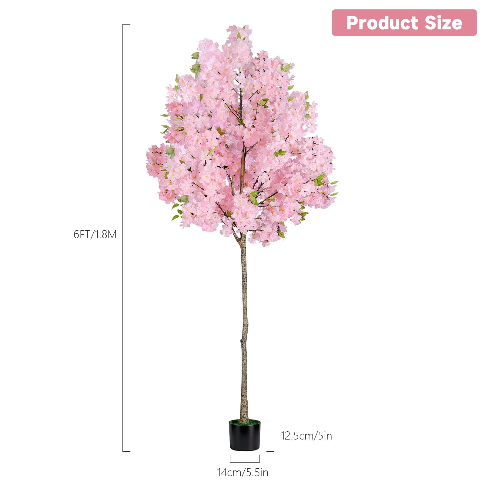 6FT Pink Artificial Cherry Blossom Tree, Realistic Potted Faux Cherry Tree, S…