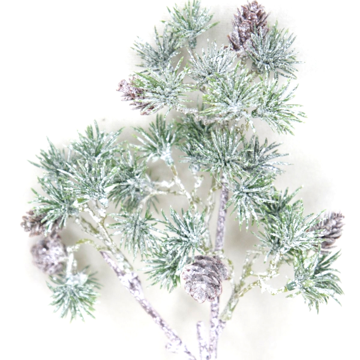 Frosted Pine 12″ Poly Artificial Spray w/Cones Lightly Silver Glitter Unique