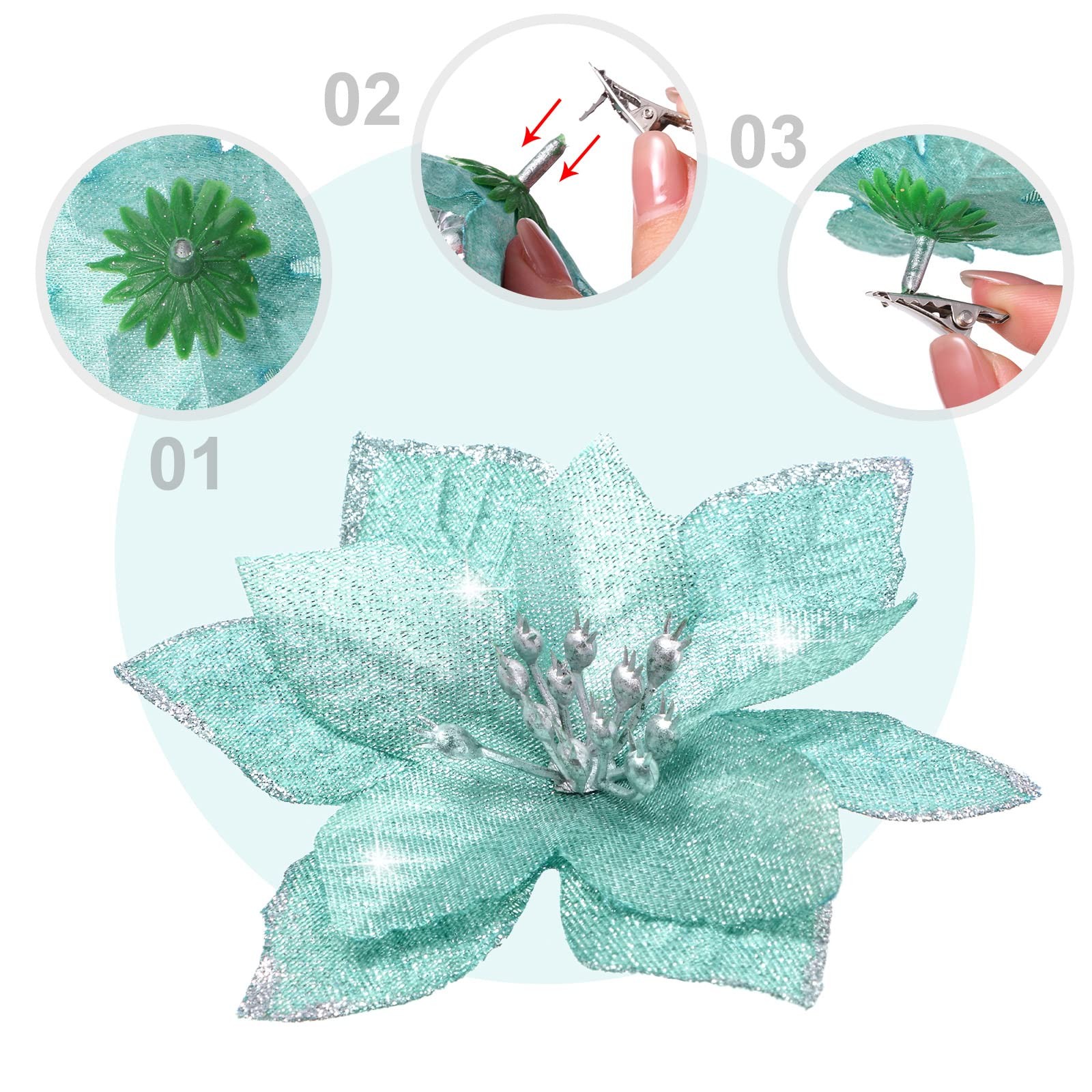 24 PCS Blue Green Glitter Poinsettia Clip-On Ornaments Christmas Tree Decor