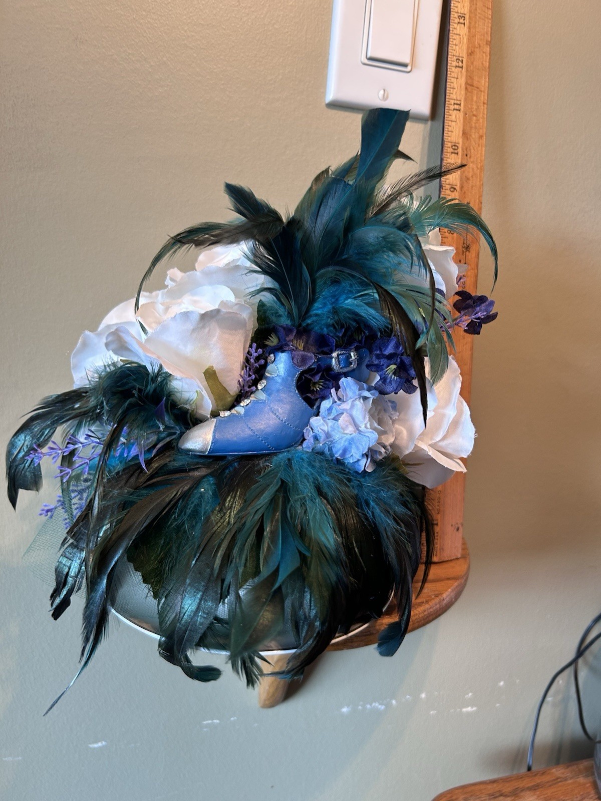 floral Tea Cup large white roses, lavender sprigs & Teal feathers