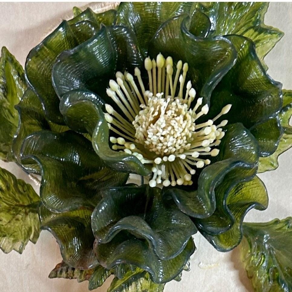 Crystalin 1966 Vintage Lucite Resin Flower Sculpture Olive Green MCM