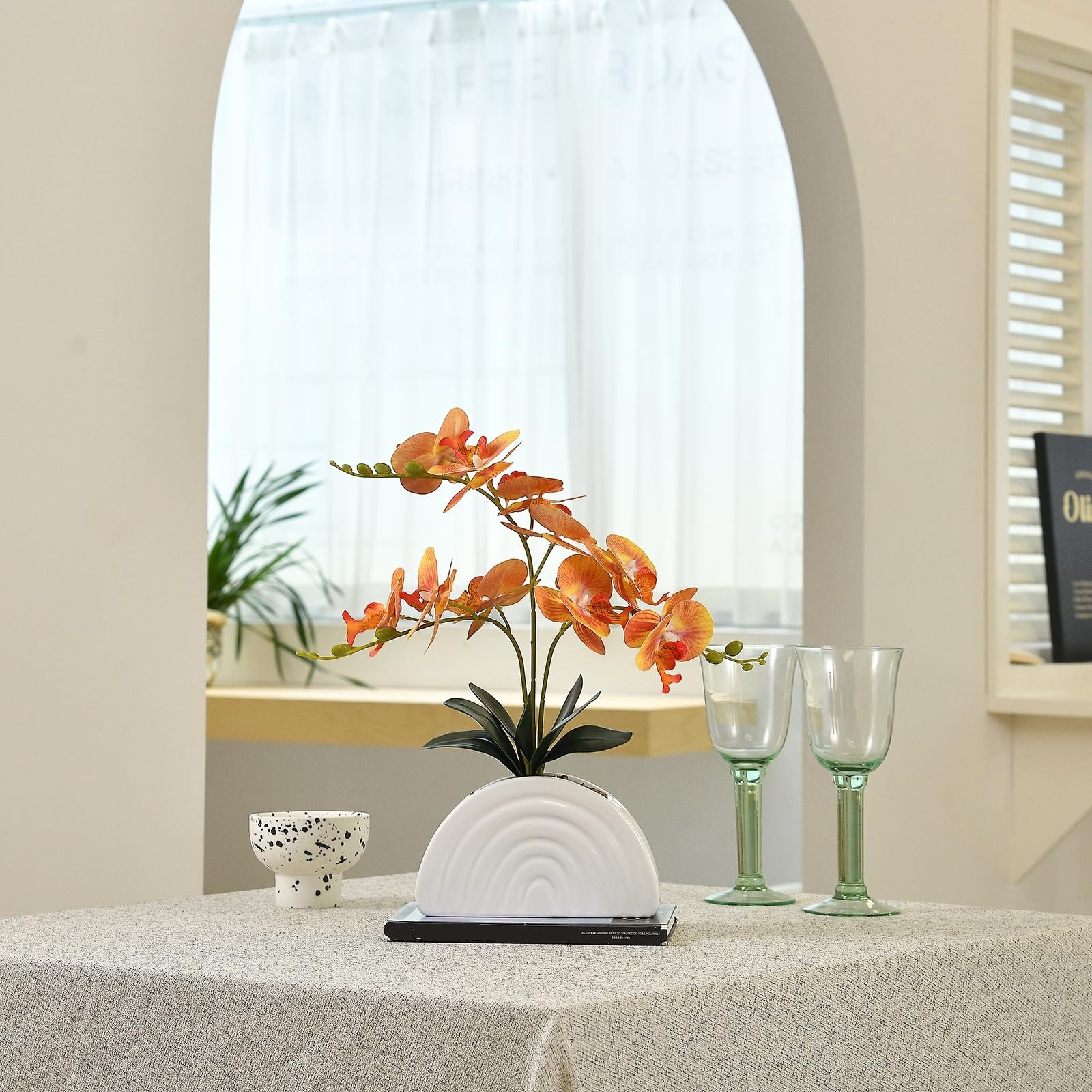 Artificial Orchid Plant In White Rainbow Pot Silk Phalaenopsis Flowers Orange