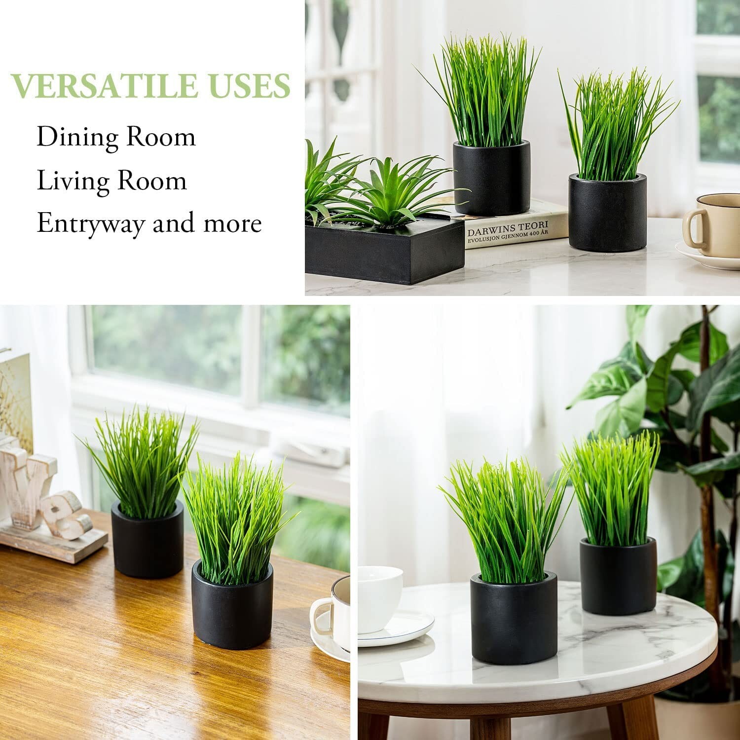 Artificial Grass Fake Plant in Modern Round Black Cement Pots, Pack of 2