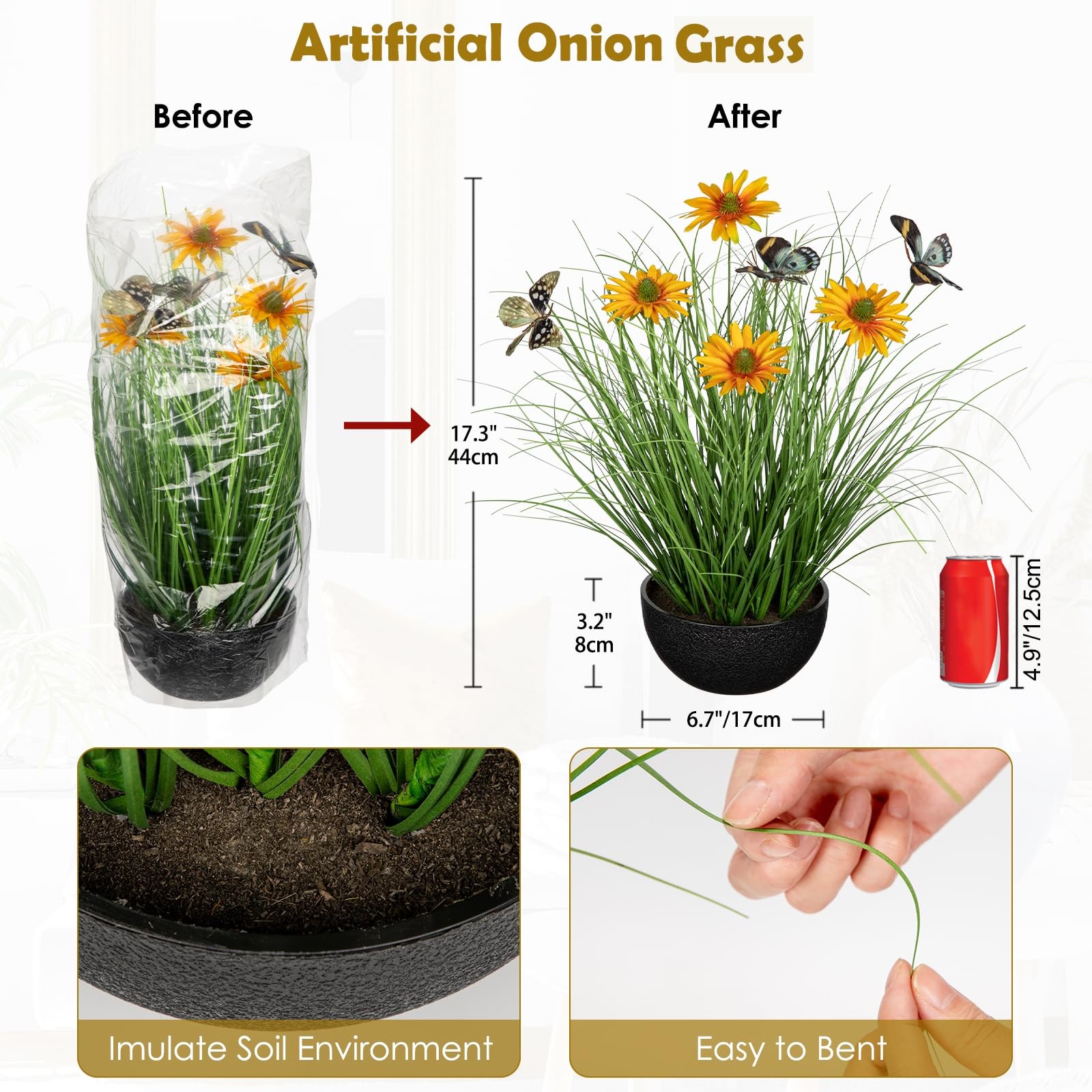 1 PCS 17.3 Inch Artificial Potted Plants Onion Grass Yellow Daisies Butterflies