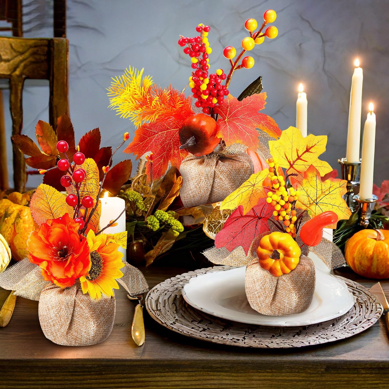 10 PCS Fall Artificial Potted Flowers Pumpkin Sunflower Maple Leaf Decor