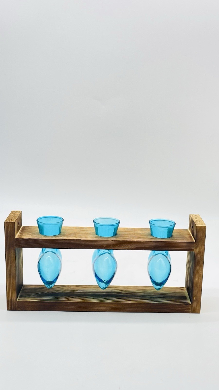Plant Terrarium Propagation Wood Stand Tabletop Planter 3 Bulb Blue Glass Vase