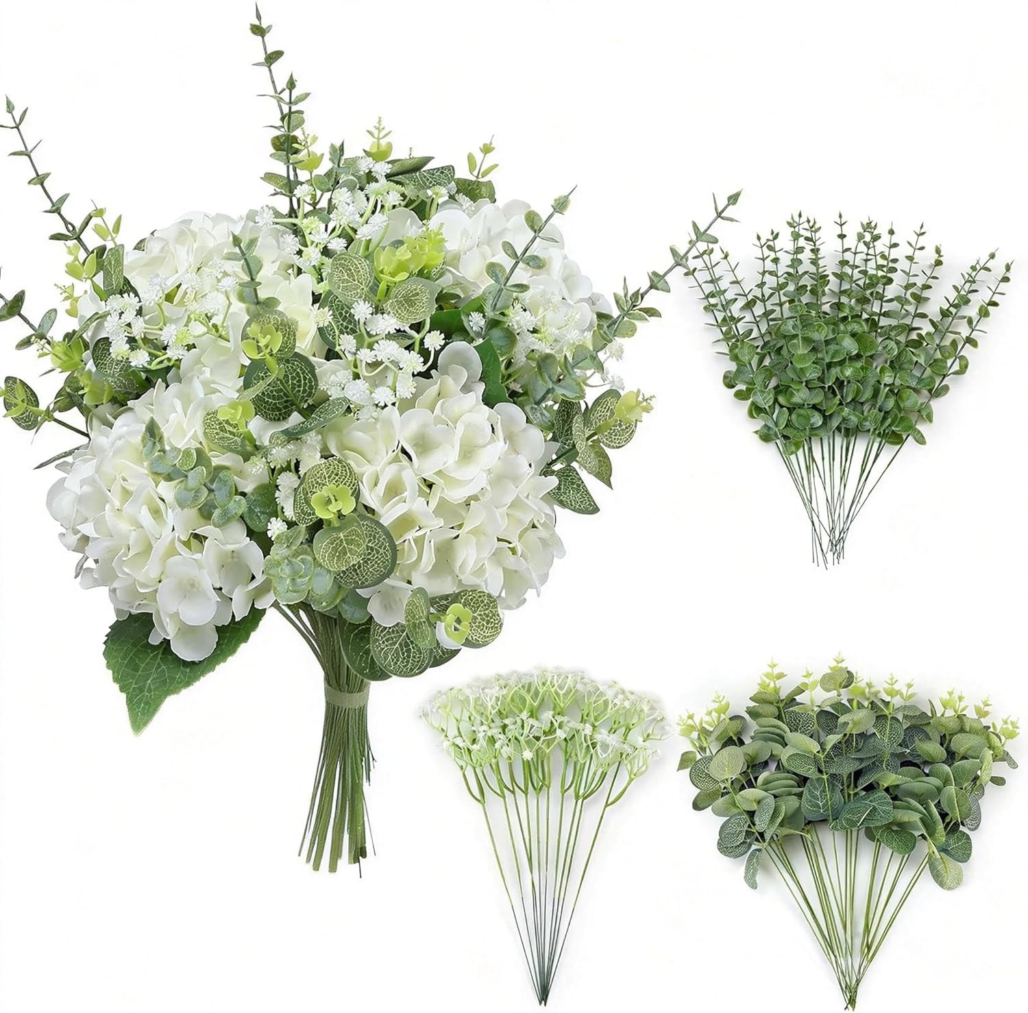 4 Kinds 55PCS Silk Hydrangea Artificial Flowers Eucalyptus Stems, Fake Flower Su