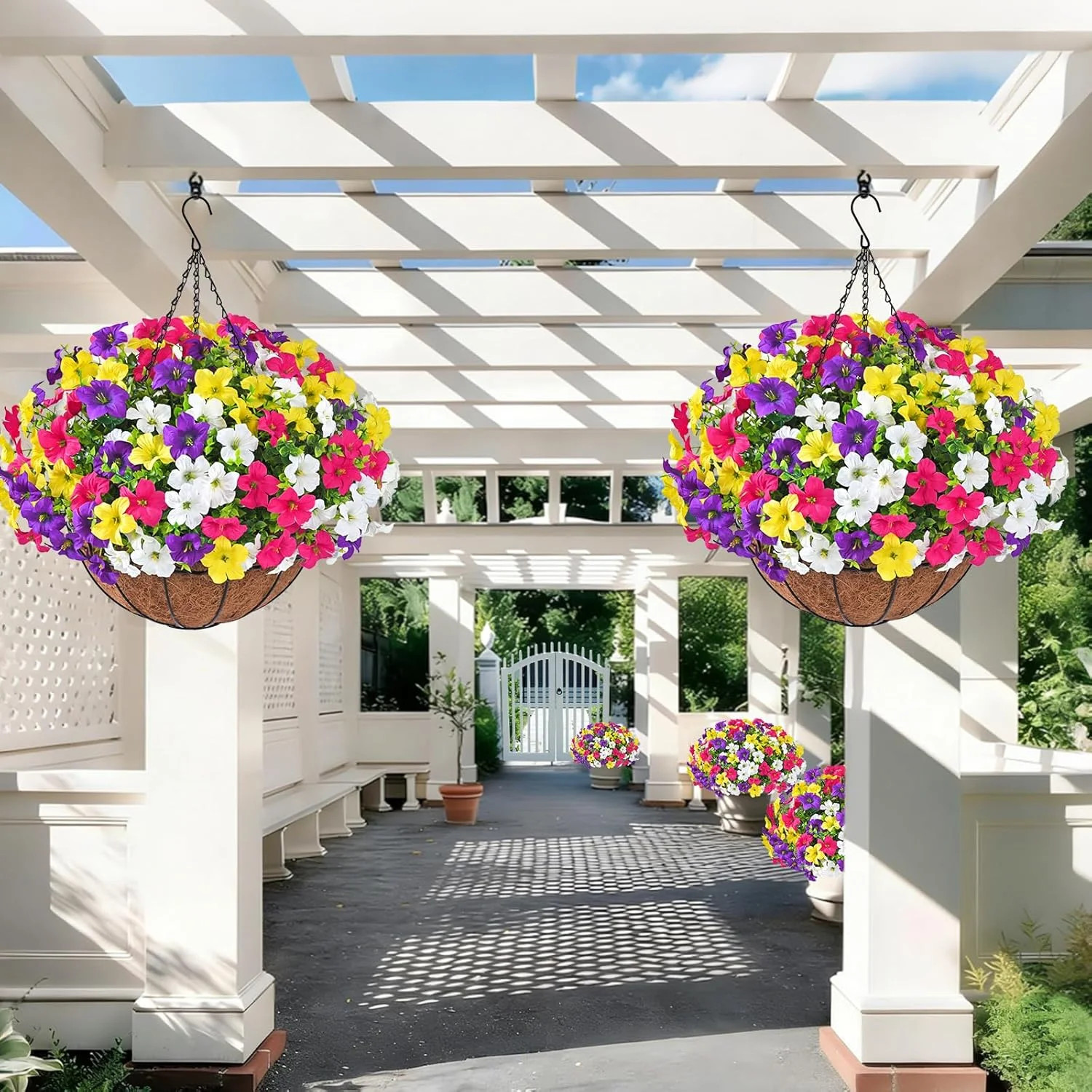 Realistic Artificial Hanging Flowers for Outdoors with Basket, 1 Set Large Size