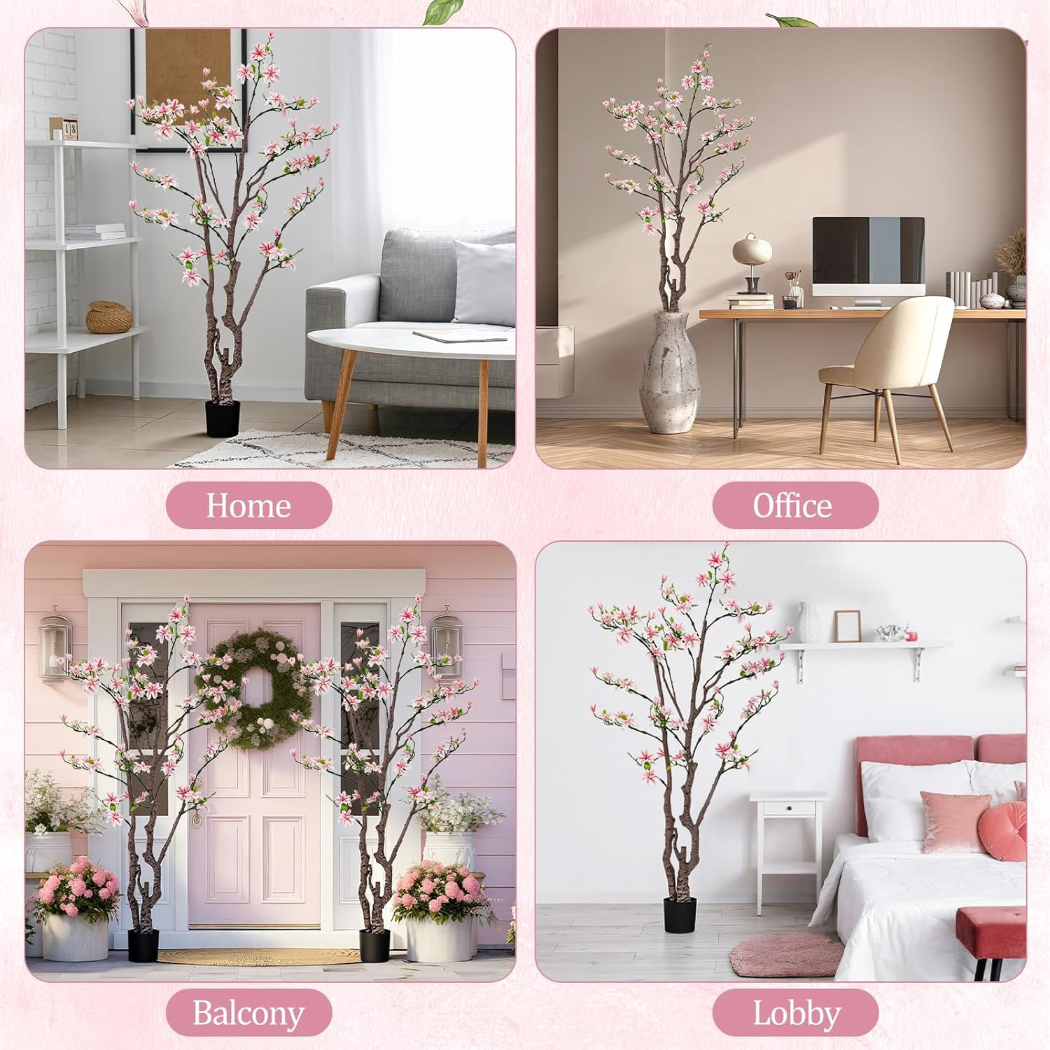 6Ft Pink Artificial Magnolia Tree – Realistic Faux Flower Plant for Home & Garde