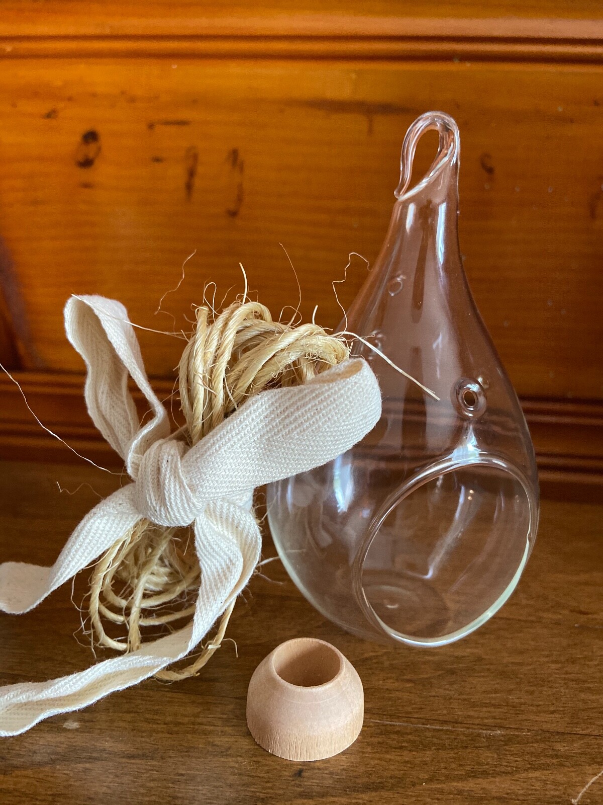 Glass Airplant Plant Terrarium Vessel Clear Teardrop Container Rustic Jute NEW!