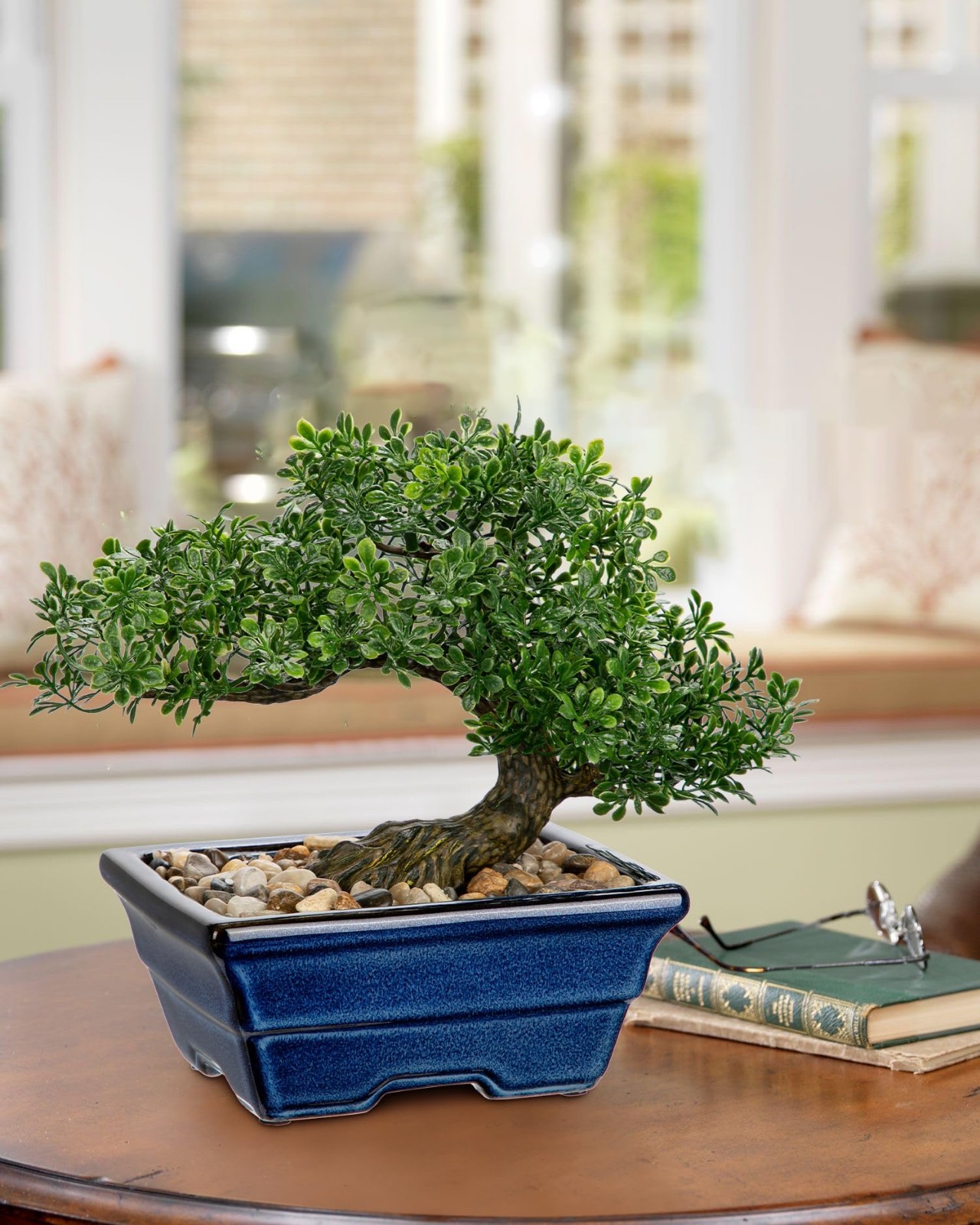 Artificial Bonsai Tree Faux Plant Decor – Blue Ceramic Pot for Home, Office, She