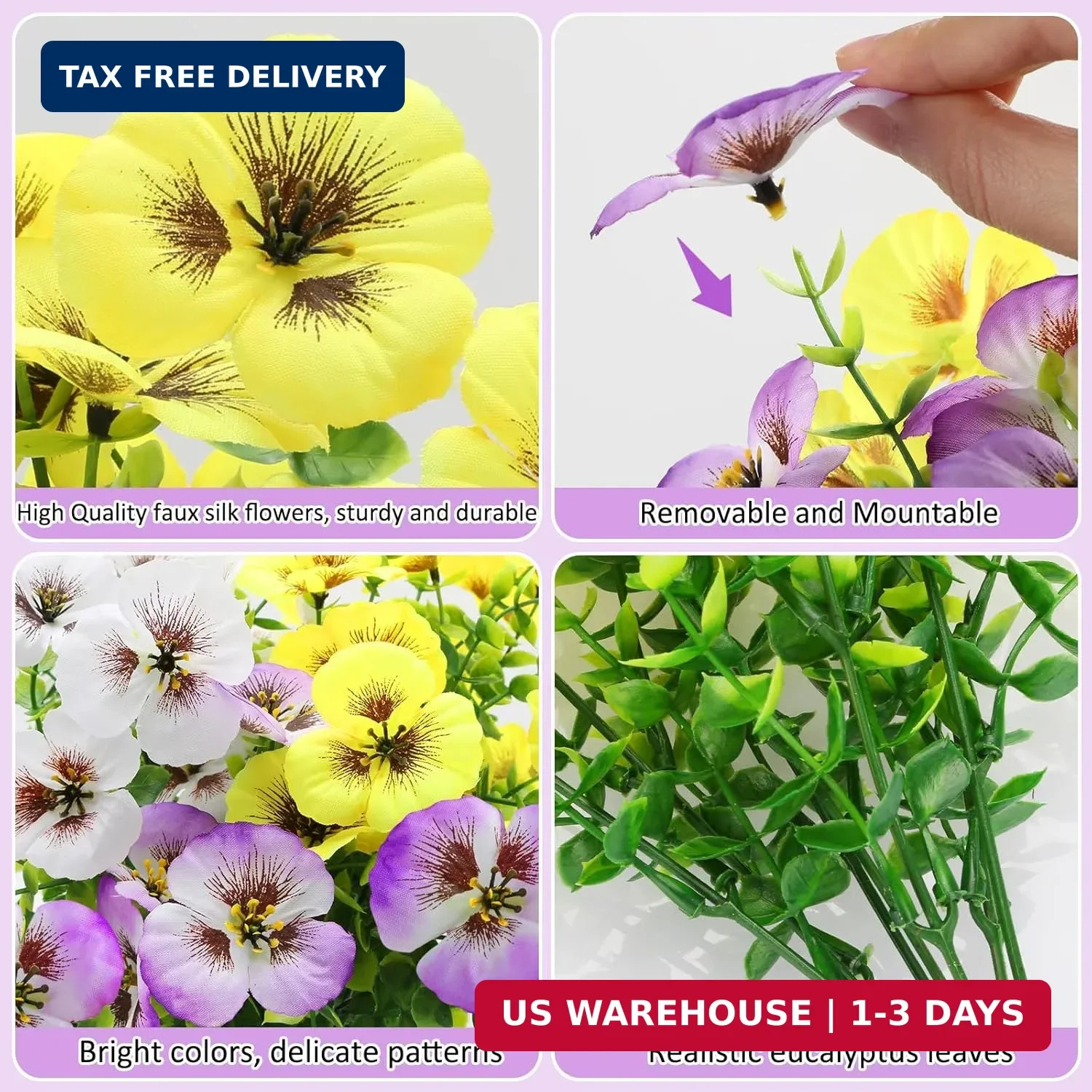12Pcs Artificial Flowers Faux Silk Pansies with Eucalyptus, UV Resistant Realist