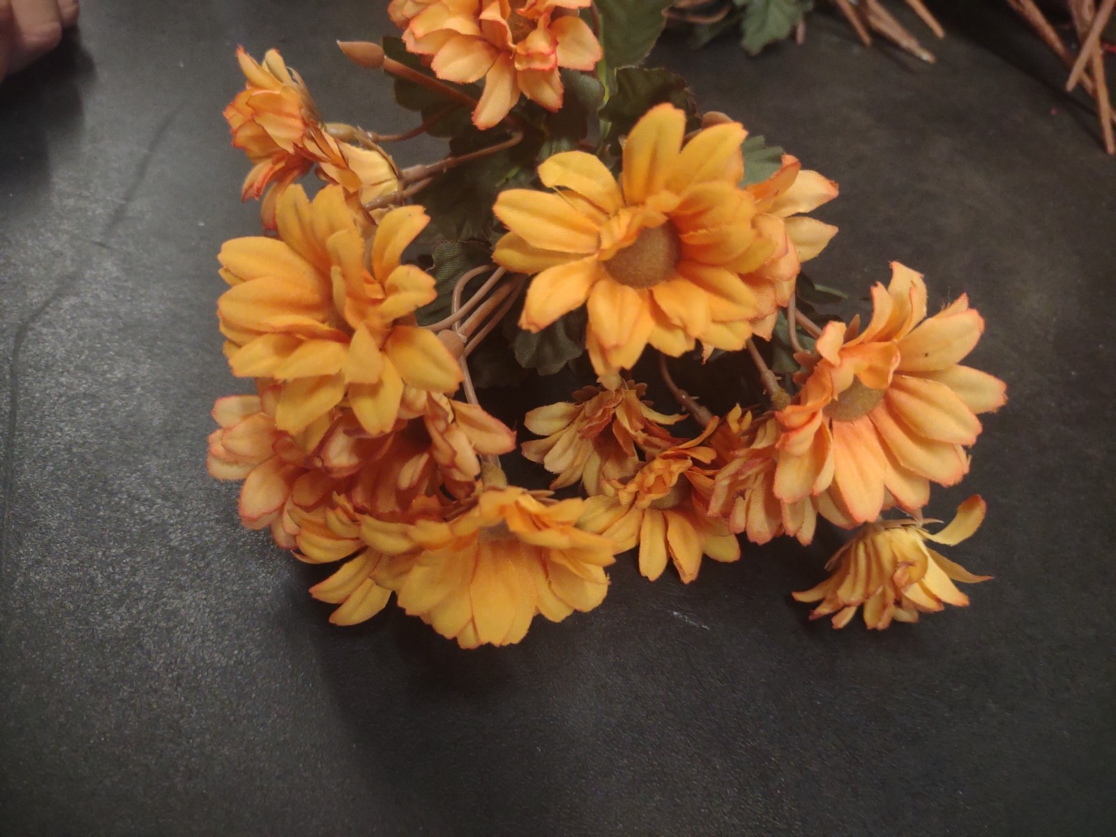 10″ Vintage Silk Mini Daisy Bush, 9 Stems, Butterscotch Peach Orange Daisies