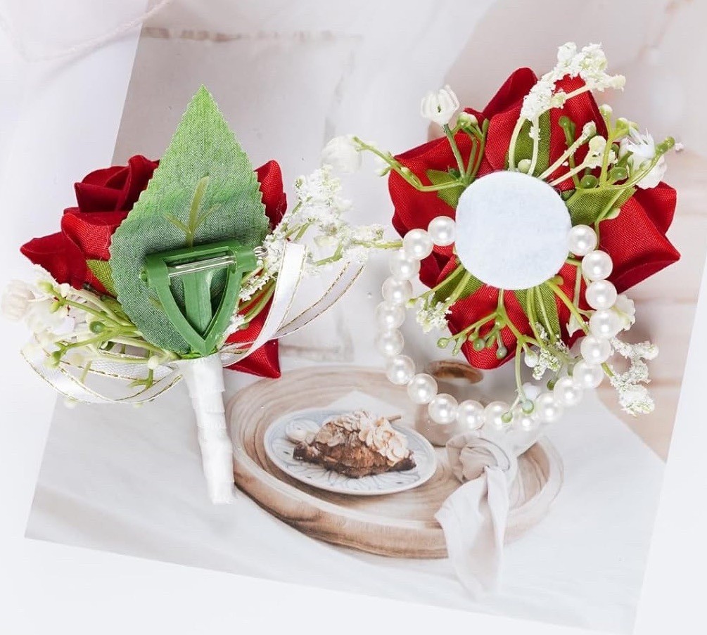Wrist Corsage and Boutonniere Set Dark Red Rose Maroon Artificial Flower 2 Pcs