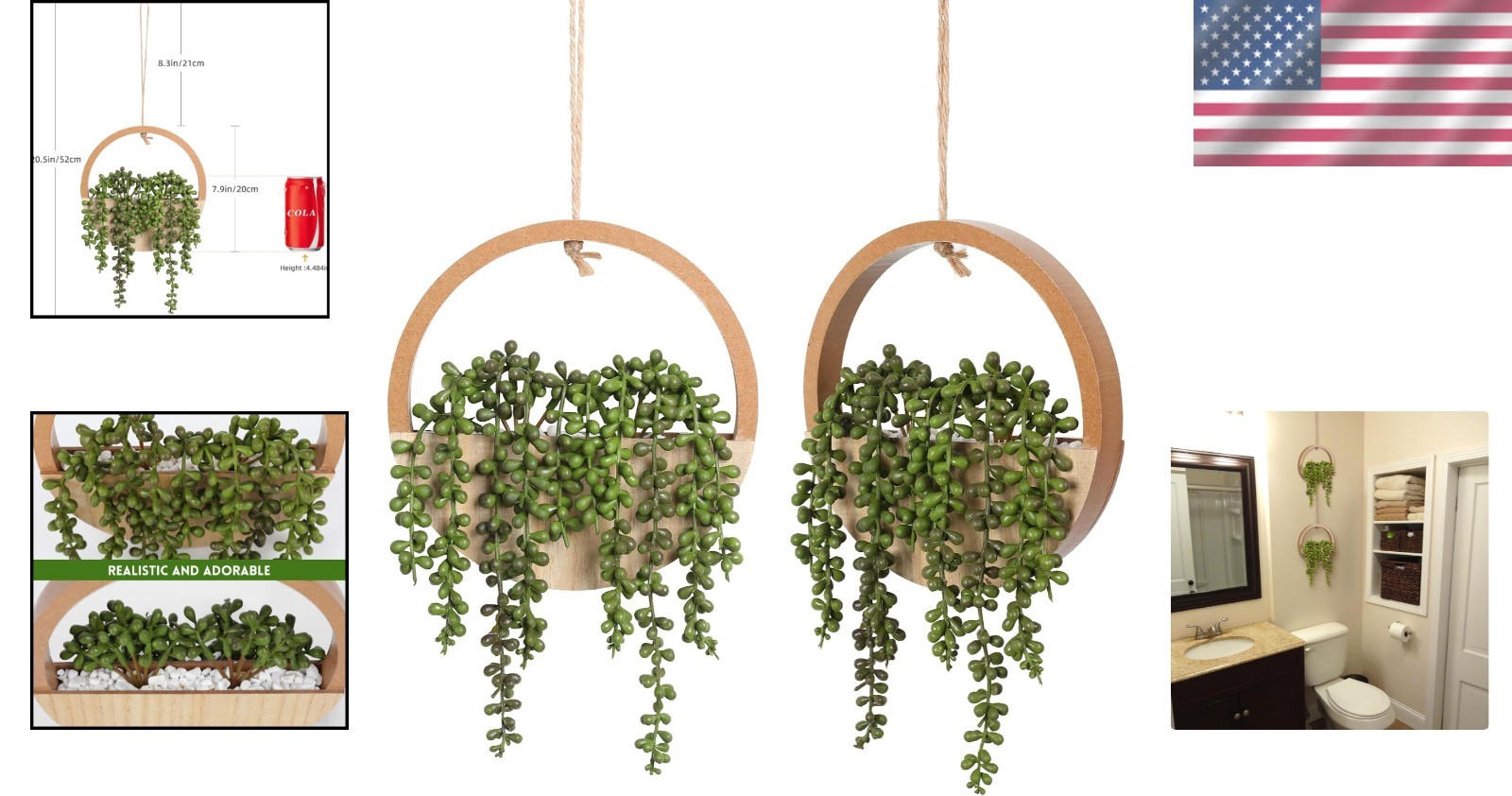 12.2” Realistic Fake String of Pearls in Wooden Pots – Set of 2 Hanging Plants