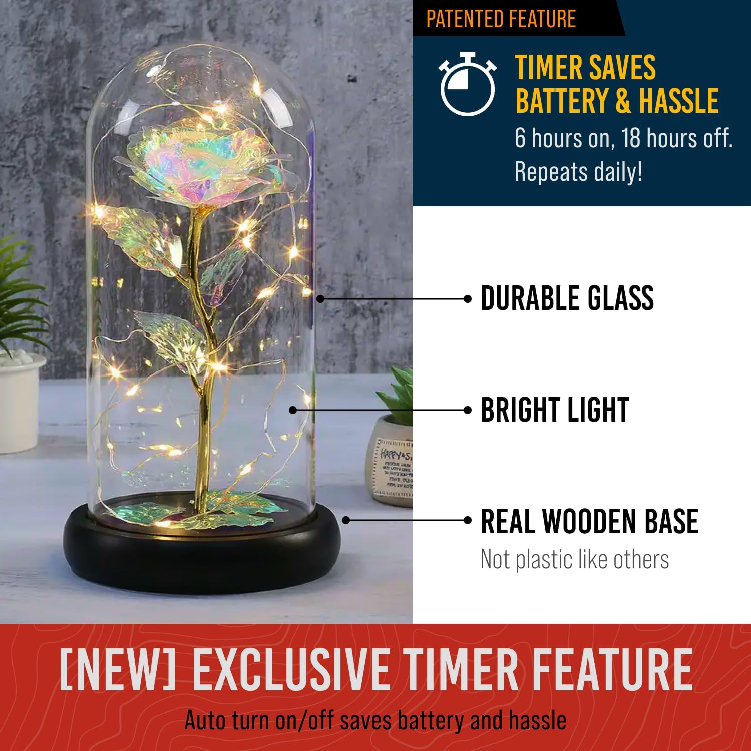Galaxy Rose Flower Gift for Mom – LED Light Glass Flower with Timer