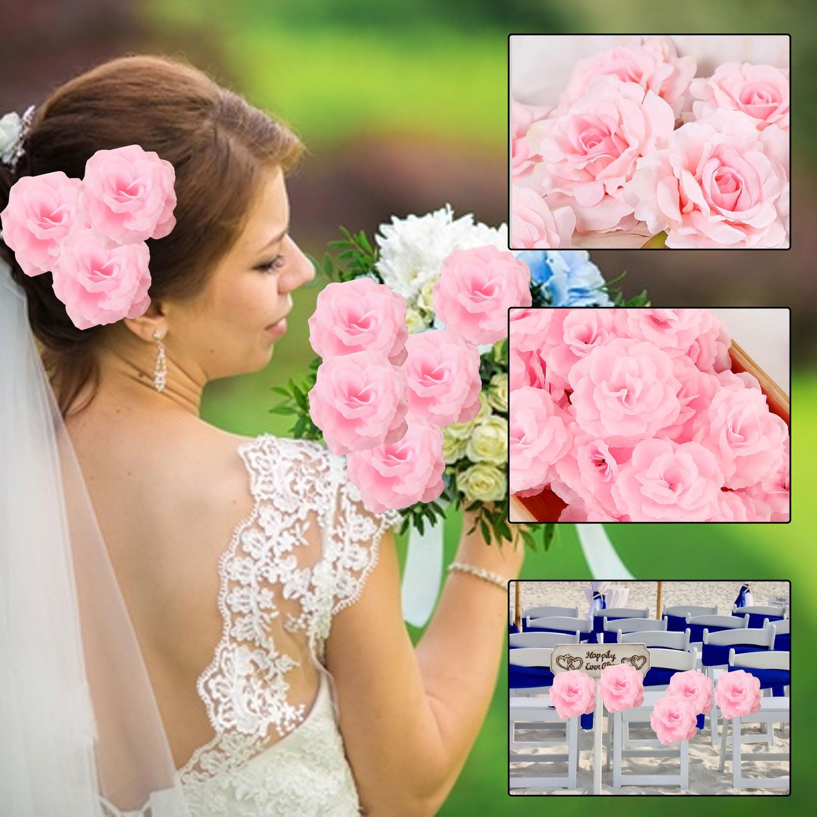 60 Pcs 3.2” Large Pink Roses Artificial Flower Bulk Silk Fake Flower Heads