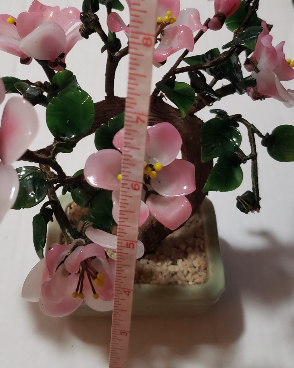 VTG Cherry Blossom Jade? Gemstone Leaves Bonsai Tree Rose Quartz Petals *Cracks