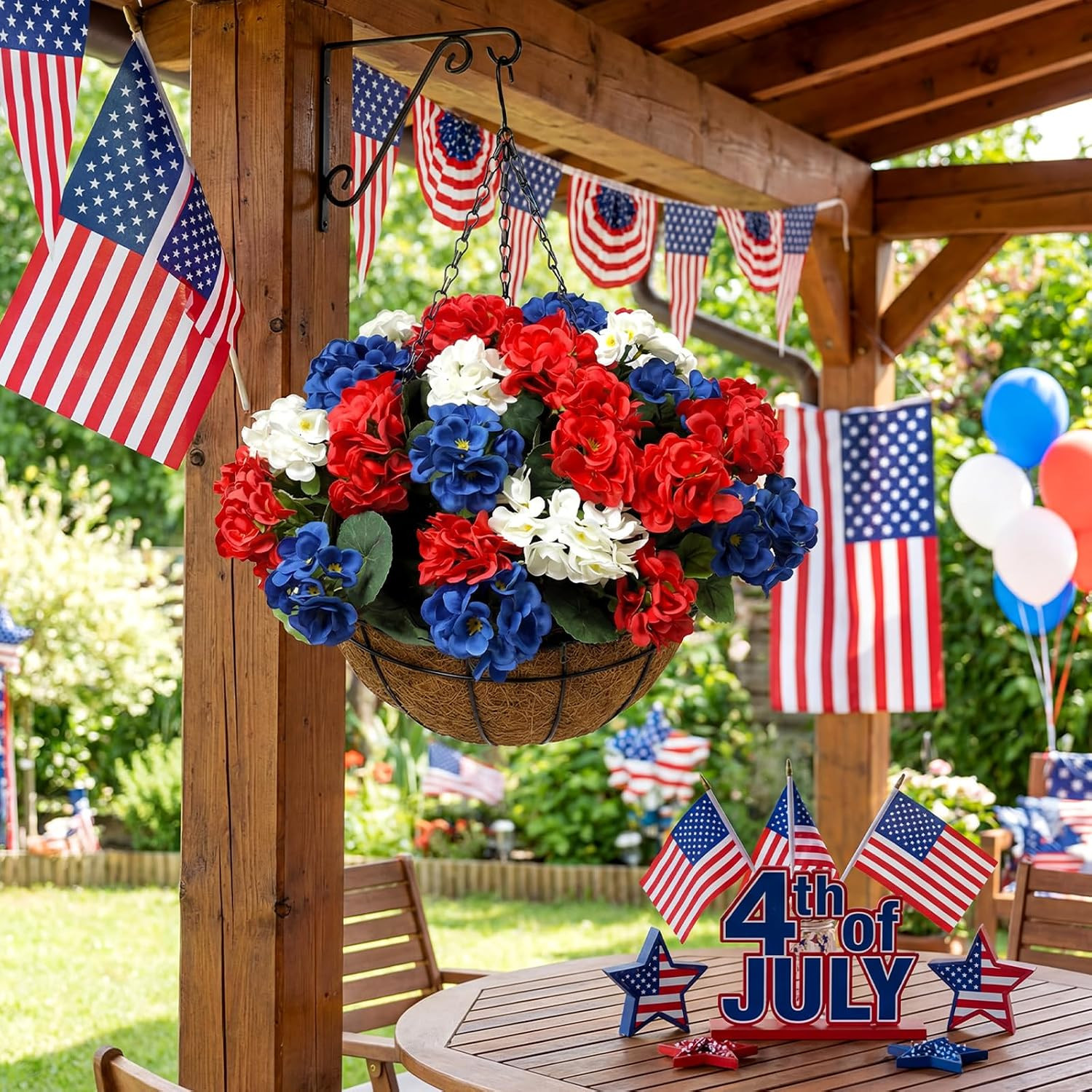 Patriotic Red White Blue Hanging Basket – 4th of July Decor for Your Home