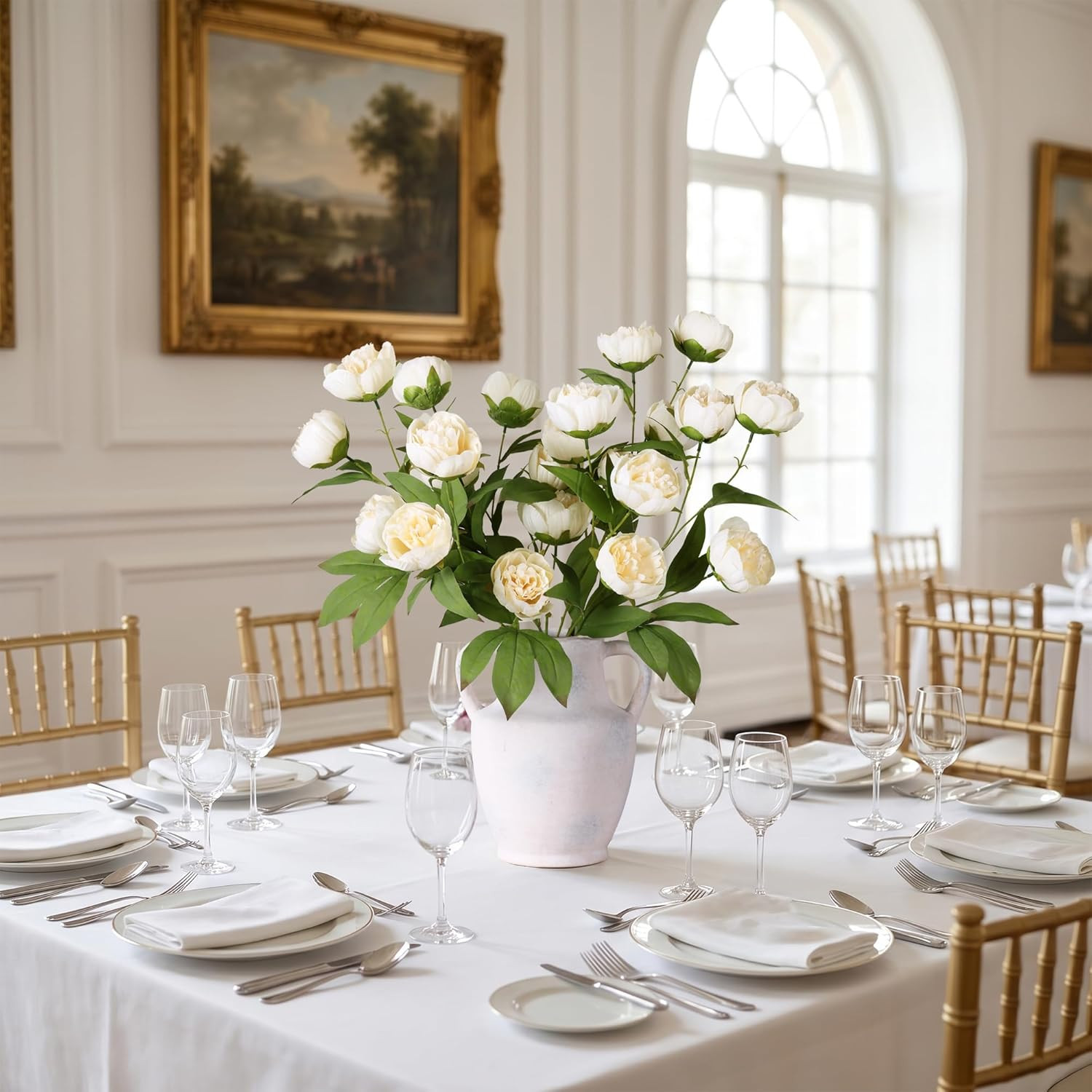 florisso 6 Pcs Peony Artificial Flowers for Vase 27″ – Fake Stems (Beige) | Bulk