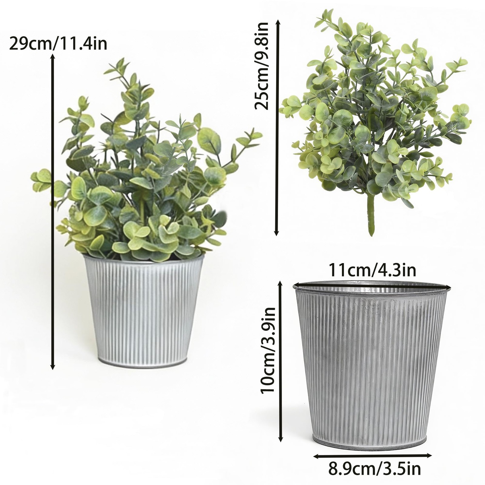 3-Pack Artificial Eucalyptus Plants in White Ribbed Galvanized Metal Pots, Sm…