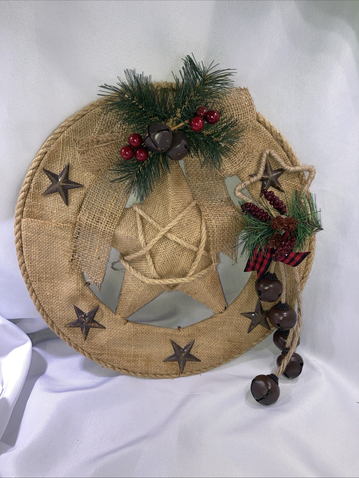 Christmas Country Wreath Burlap Lighted Handmade in USA 15” Star