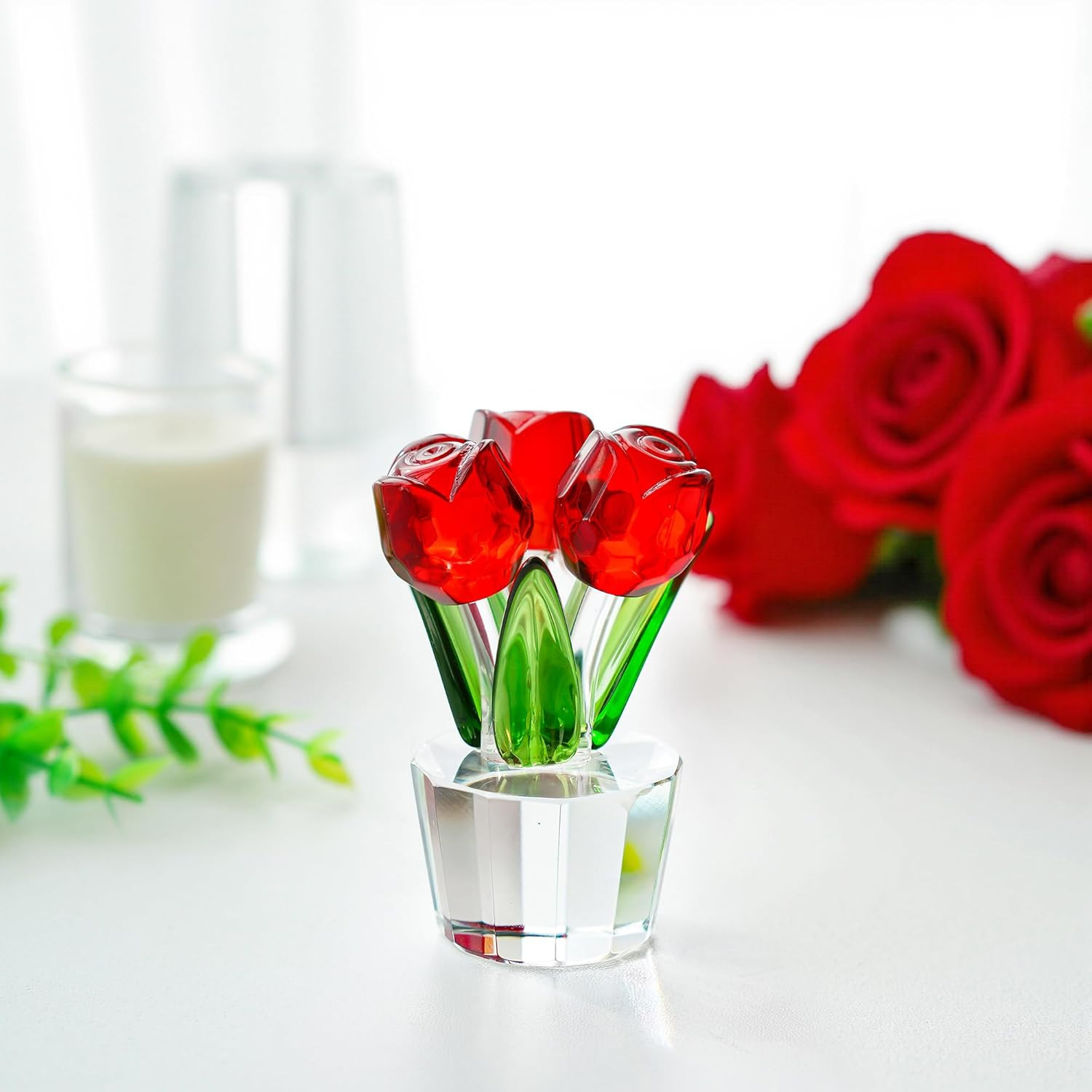 3.2 * 2In Handmade Crystal Red Rose Bouquet Figurine Romantic Rose Flower Gifts
