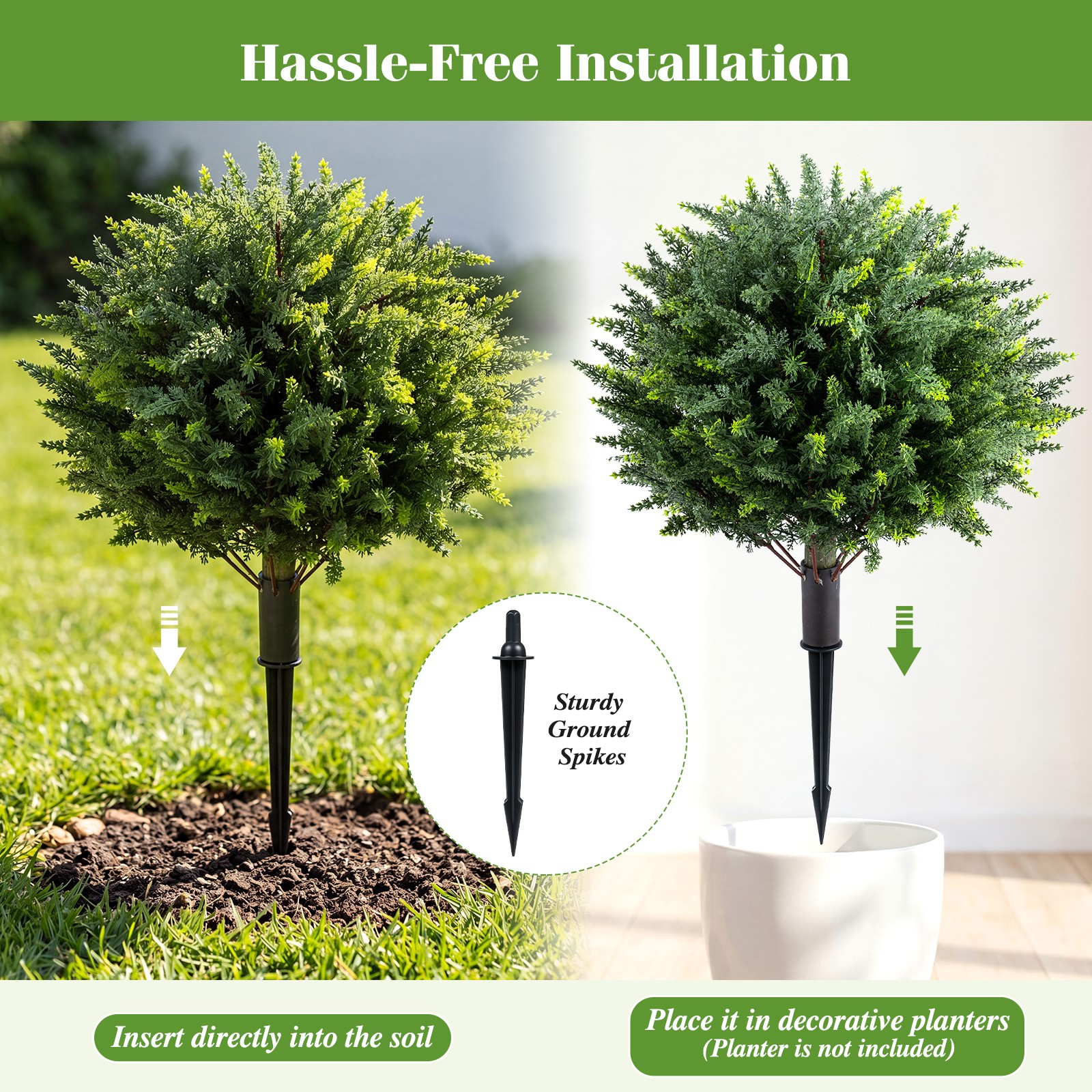 2PCS 27.5” Artificial Cypress Topiary Trees w/Ground Spikes for Indoor & Outdoor