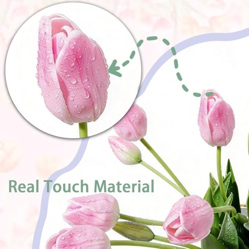15PCS 15.75″ Artificial Tulips, Premium Latex Natural Feel 15pcs Light Pink