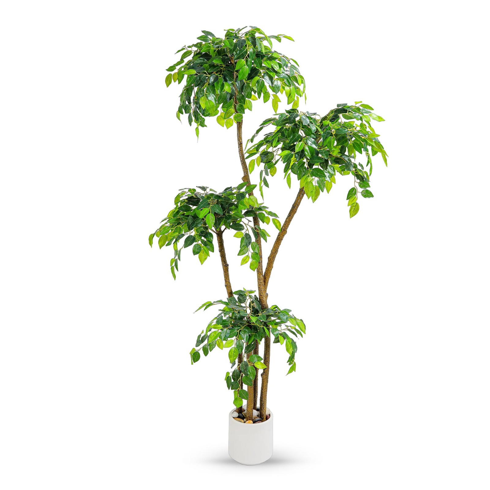 6FT Artificial Ficus Tree with White Planter and Pebbles,Faux Silk 6ft, Green