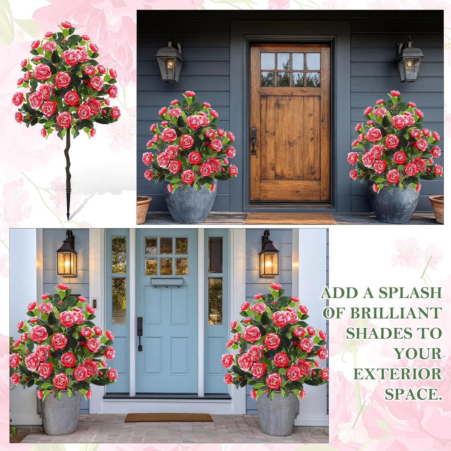 2 Pack 4Ft UV Resistant Faux Camellia Plants for Outdoor Decor, Red & White