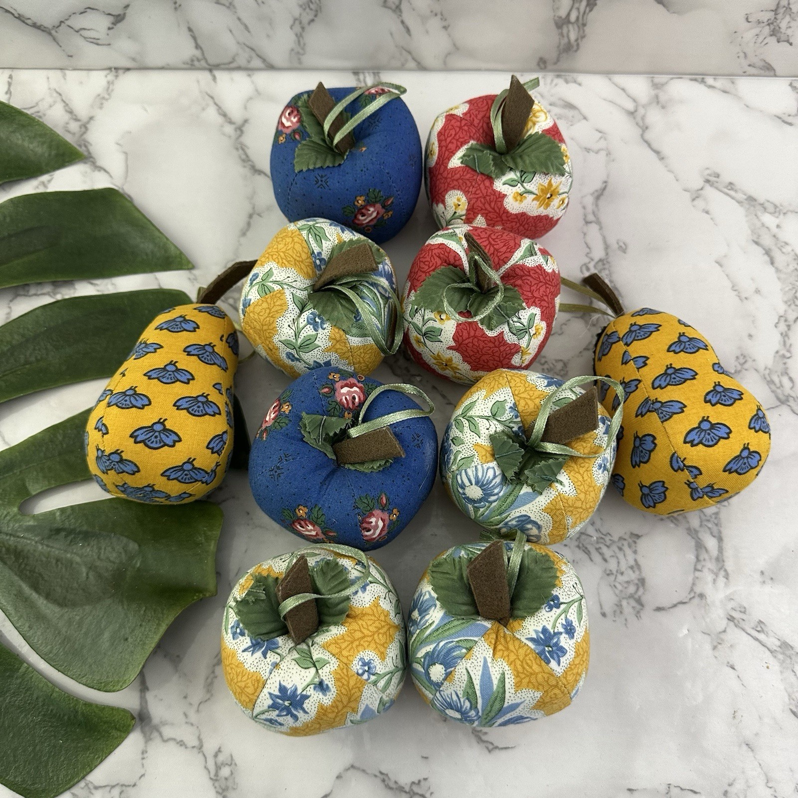 Vintage 90s Fabric Fruit Vase Filler Bowl Decor Blue Yellow Cottage Apple Pears