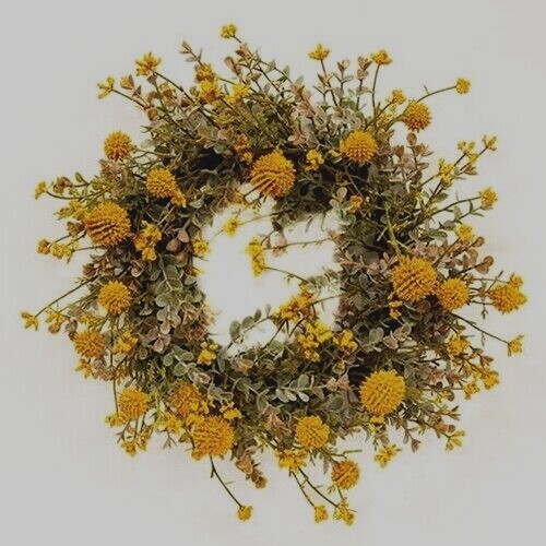 New Farmhouse MUSTARD EUCALYPTUS FLORAL CANDLE RING Wreath 6″ Cottage Country