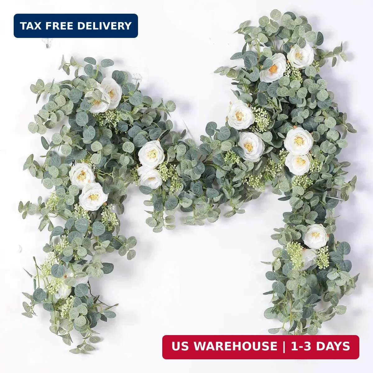 PARTY JOY 6.56ft Eucalyptus Garland with Flowers-8 White Roses, Artificial Fake